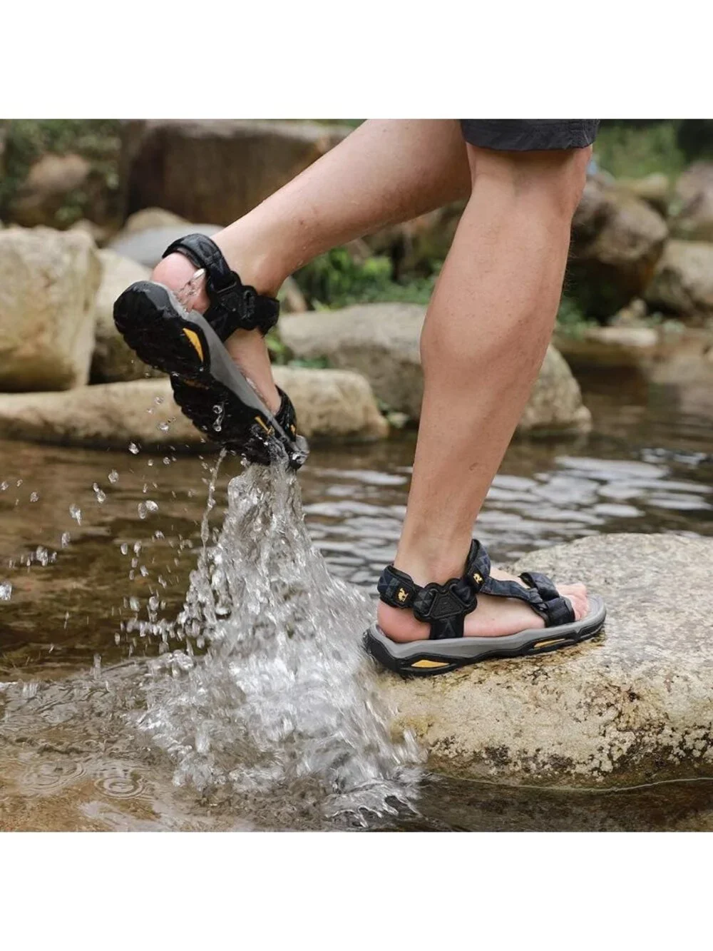 Men's Black And Blue Arch Support Open Toe Waterproof Hiking Sport Sandal Shoes